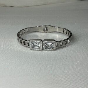 Stainless Steel CZ Station link Hinged Bracelet